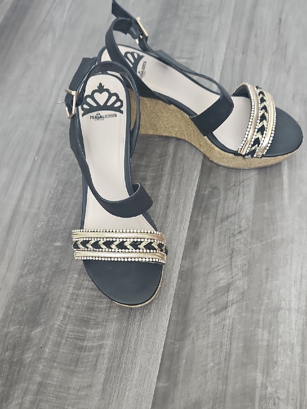 Fergalicious Black Wedge Sandals with Gold Braided Trim